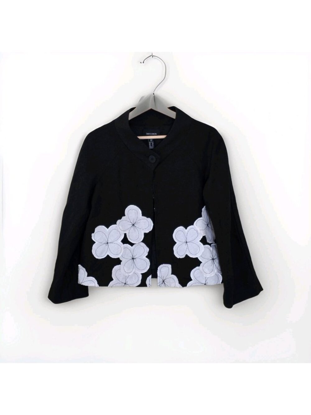 David Dixon Cropped Jacket 12 Black Linen White Floral Applique Art To Wear Chic